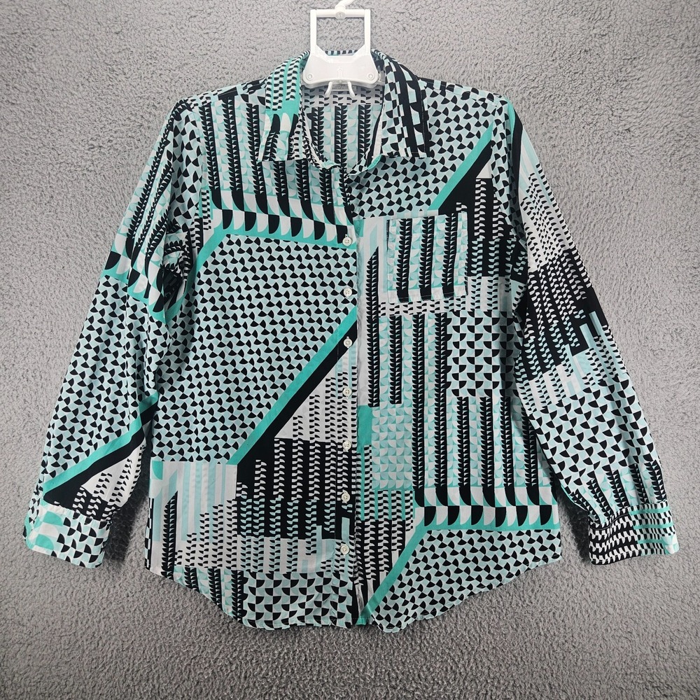 Van Heusen Studio Womens Large Teal Black Geometric Abstract Button Down Shirt
